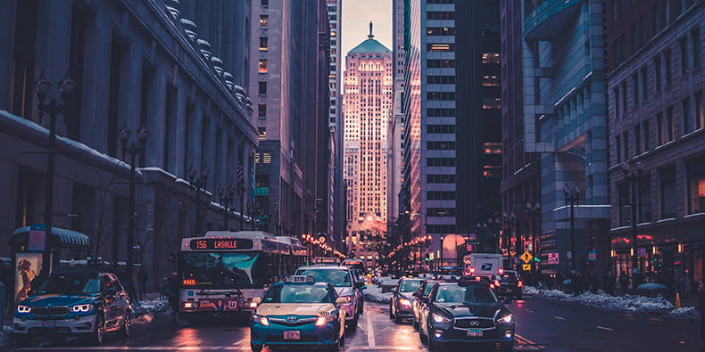 A City with Skyscrapers and Busy Traffic