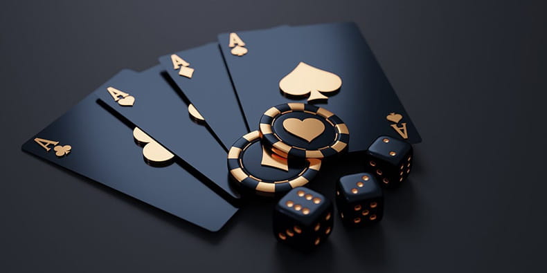 Playing Cards, Dice, and Casino Chips in Black and gold