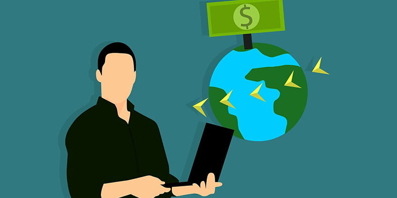 Drawing of a Man Sending Money Worldwide via Laptop
