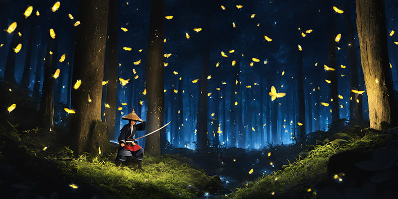 Drawing of a Samurai in a Fores with Fireflies