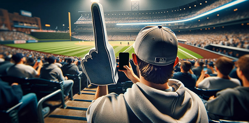 Fan Cheering In Stands At Baseball Game Holding Hot Dog Or Foam Finger