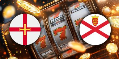 The flags of the Channel Islands with a background of a slot machine