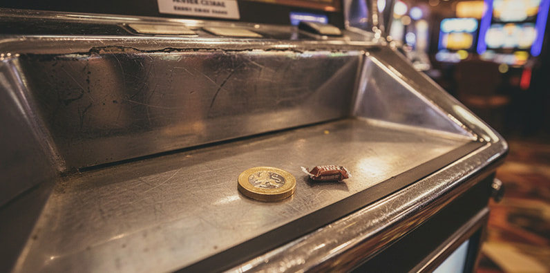 classic slot machine's metal payout tray with a coin next to a chocolate bar