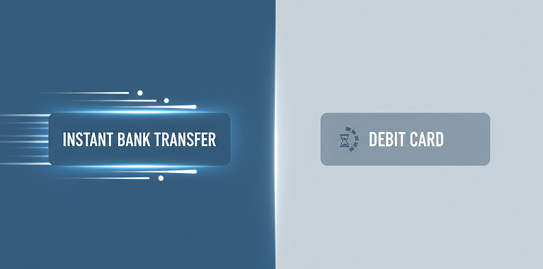 Illustration of a casino checkout comparing a fast instant banking button with a buffering debit card button