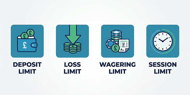 Diagram showing the four main responsible gambling tools: deposit limit, loss limit, wagering limit and session limit