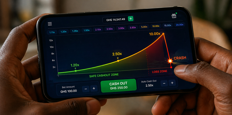 Graphic showing an upward-curving multiplier graph that ends in a sudden crash point