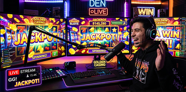 Neon gaming streaming setup showing exaggerated and fake casino jackpot graphics on the monitors