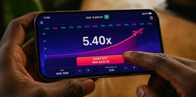 A mobile phone displaying a crash game with a plane and a rising multiplier, with a user's finger hovering over the cash out button