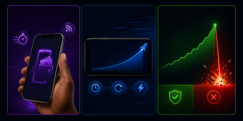 Diagram showing three key features of crash games: mobile money integration, rapid pacing, and the illusion of control 