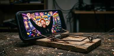 Smartphone showing a gambling streamer celebrating a win, set up as bait inside a trap