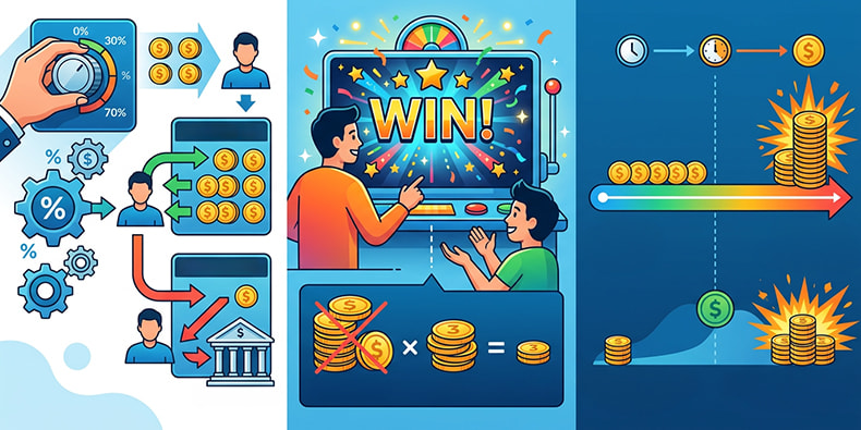 Diagram showing three hidden slot mechanics: variable RTP, losses disguised as wins, and the volatility spectrum