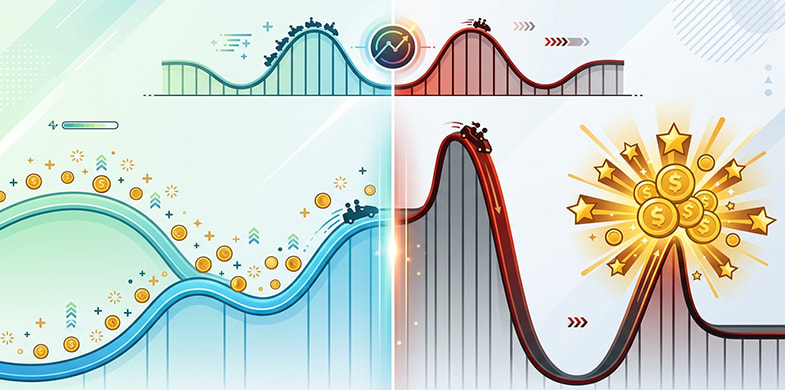 Graphic comparing the steady payouts of low volatility slots against the sudden spikes of high volatility slots
