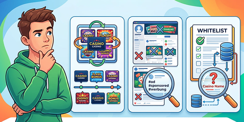 Diagram showing the three main warning signs of illegal casino streamers: constant casino switching, missing ad tags, and lack of whitelist status