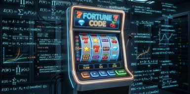 A video slot machine graphic peeling back to reveal math equations and percentages underneath