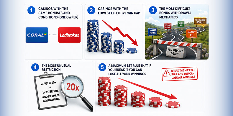 Infographic showing five small print traps found in UK casino bonus terms