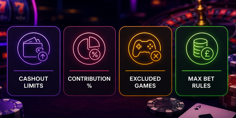 Diagram showing the four key casino bonus terms to check: cashout limits, contribution percentages, excluded games, and max bets