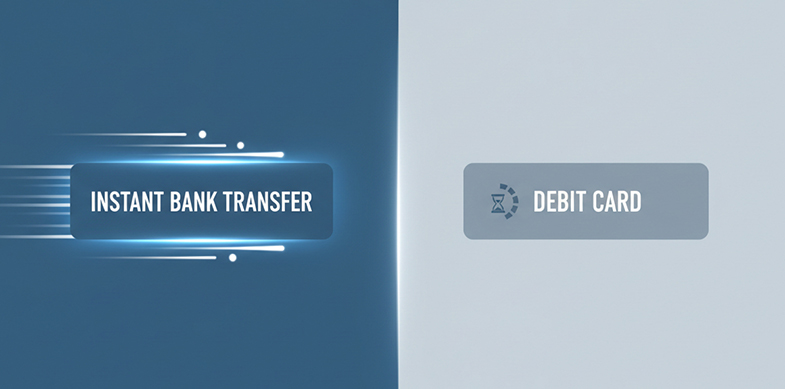 Illustration of a casino checkout comparing a fast instant banking button with a buffering debit card button