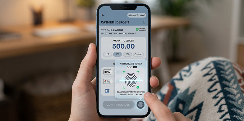 Smartphone screen showing a casino cashier interface with a biometric payment authentication prompt