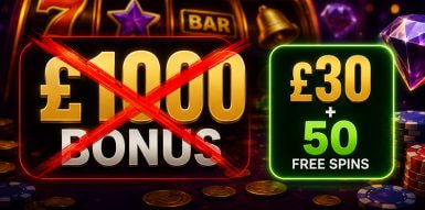 A visual comparison showing a clean, accessible £30 casino bonus next to a heavily restricted £1000 bonus