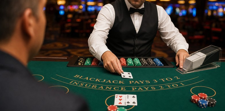 Crupier profesional atendiendo a un jugador en una mesa de blackjack vista desde el hombro