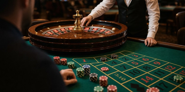 Crupier real en vivo lanzando la bolita en la rueda de una mesa de ruleta