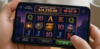 A smartphone showing a slot game with a must-drop jackpot and a countdown timer counting down to a deadline