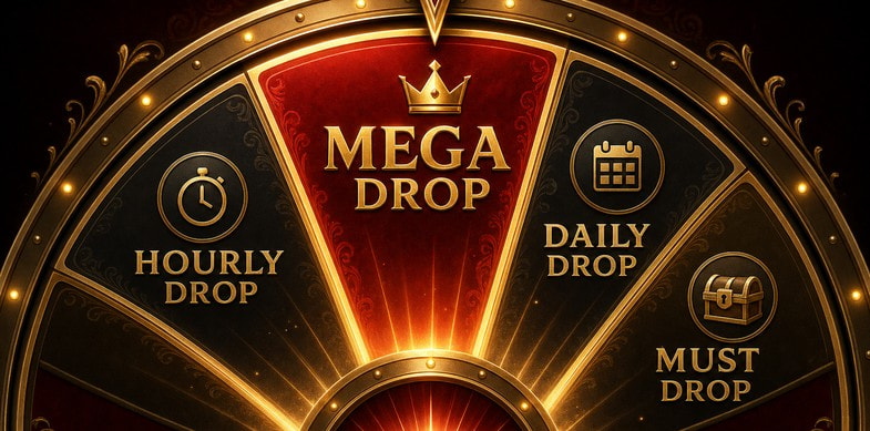 A casino jackpot wheel with segments labelled Hourly Drop, Daily Drop, Must Drop and Mega Drop