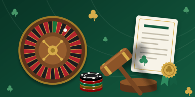 Roulette wheel, casino chips, a judge's gavel and a licence document with a gold seal on a green background, illustrating online casino regulation in Ireland.